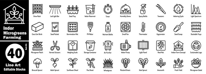 Indoor microgreens farming line art editable stocks set. Cultivating fresh, nutrient-rich greens in controlled indoor environments. essential tools and processes vector illustration. © Hafiz