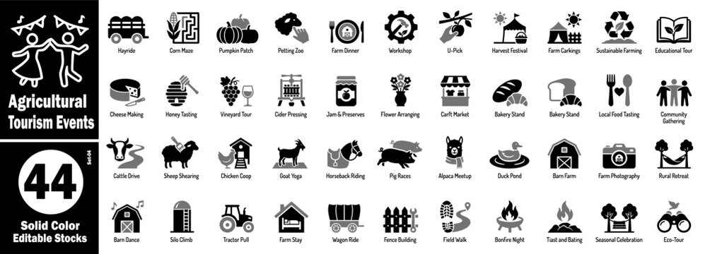 Agricultural tourism events solid color icons.  Featuring hayride, corn maze, pumpkin patch, petting zoo, farm dinner, workshop, and u-pick vector illustration.