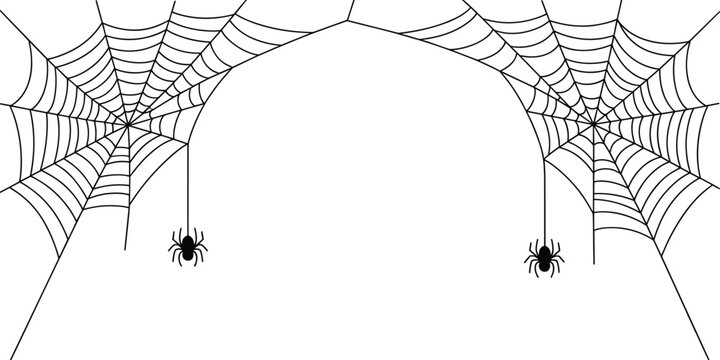 Halloween spider web frame with hanging spiders, minimalist black line art illustration on white background, spooky cobweb border design for banners, invitations, posters, and templates.