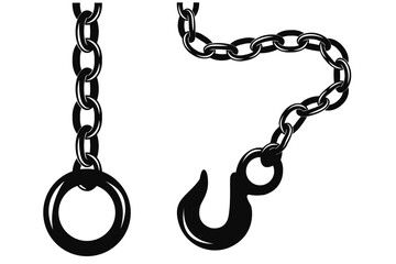 Bold Black Style Heavy Duty Chain with Hook and Ring Black Silhouette Vector Illustration