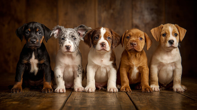 Six puppies of different breeds sitting in a row on glossy wooden floor