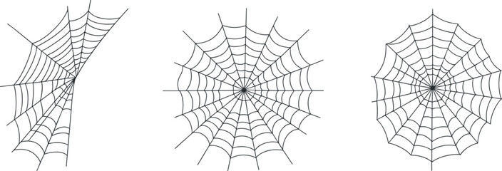 Spider web vector set illustration showing three different cobweb designs, Halloween spooky decoration element, abstract geometric web pattern isolated on white background for creative graphic design. © MSTALIFNUR