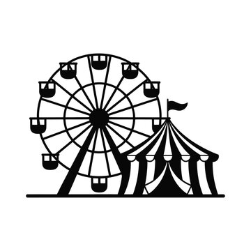 A black silhouette of a Ferris wheel and a circus tent on a white background