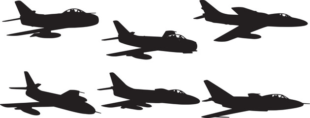 Black Solid Vintage Jet Fighters Silhouettes Set of Six on White Background