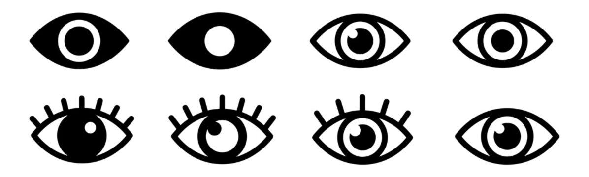 Eye icons set, vision view visibility and observation symbols vector silhouettes on transparent background