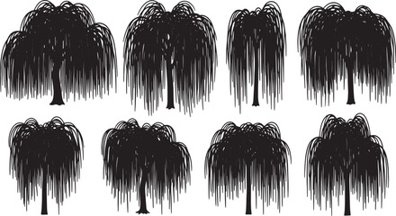 Black Solid Weeping Willow Tree Silhouettes Set of Six on White Background © Shakeel