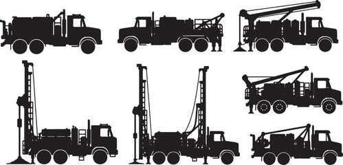 Obraz premium Black Solid Well Drilling Truck Silhouettes Set of Six on White Background