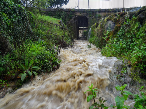 A for&ccedil;a da Natureza num ribeiro com &aacute;guas barrentas e com o ac&uacute;mulo de detritos naturais num dia de grande tempestade