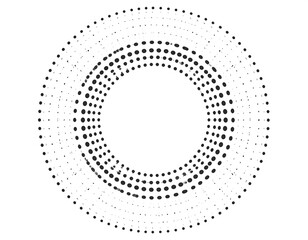 A monochromatic circular design composed of concentric rings of varying-sized dots against a white backdrop