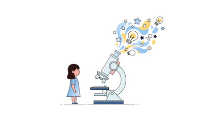 Obraz premium A young girl in a blue dress looks through a microscope with a creative burst of science icons and symbols emanating from it, on a white background with a mix of blue, yellow, and white