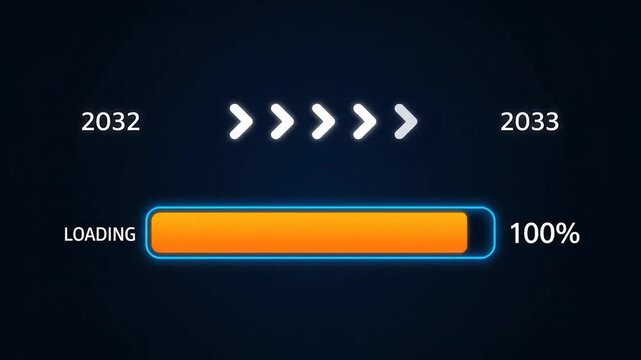 A digital progress bar with years 2032 and 2033; loading at 38%. Arrows and color