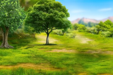 Vibrant spring landscape illustration with a prominent tree in a lush green meadow, surrounded by rolling hills under a bright sky, conveying serene natural beauty and open outdoor space