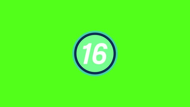 A bright green screen with a circular icon displaying the number sixteen 16 in white text