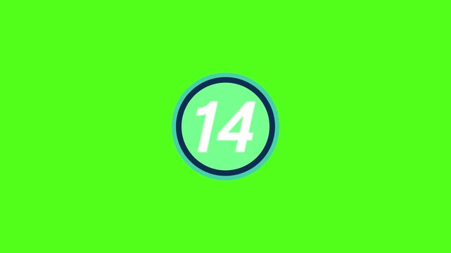 A bright green screen with a blue circle and white number fourteen 14 inside