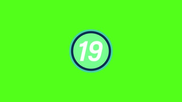 A bright green screen with a circular icon displaying the number nineteen 19 in white text