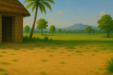 Serene rural landscape featuring a rustic hut under a clear blue sky, surrounded by vibrant green fields and distant mountains, evoking a peaceful natural escape and simple countryside living