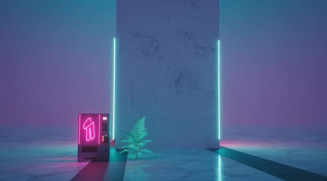 Minimalist concrete wall framed by cyan neon lights beside a retro vaporwave vending machine and glowing fern