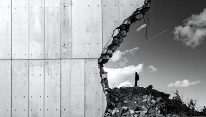 Obraz premium A monochrome image depicts a concrete wall splitting apart, revealing a person gazing at a cloudy sky. The destruction provides a new view