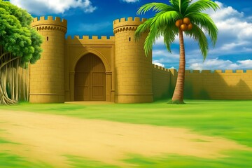 Ancient Sandstone Fortress with Majestic Gate and Towering Palm Trees Under a Vivid Blue Sky, Evoking Historical Grandeur and Tropical Serenity in a Digital Illustration