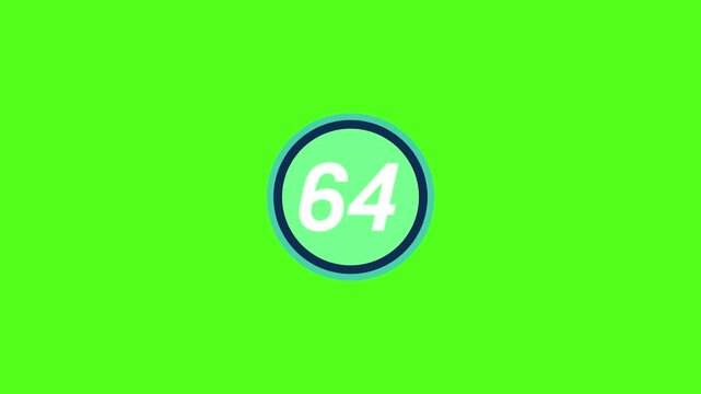 A bright green screen with a blue circle and white number sixty-four 64 inside