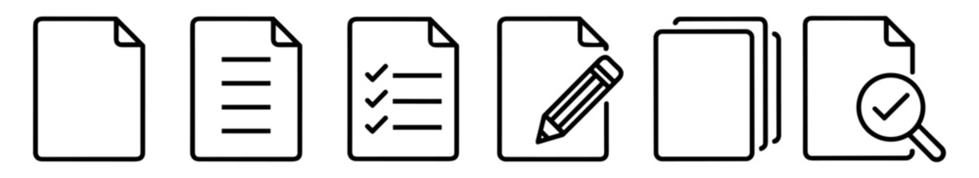 Document icons set, file pages checklist editing and verification symbols vector outline on transparent background