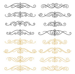 Obraz premium Decorative ornament icons set, flourish dividers scroll and swirl vector outlines on transparent background