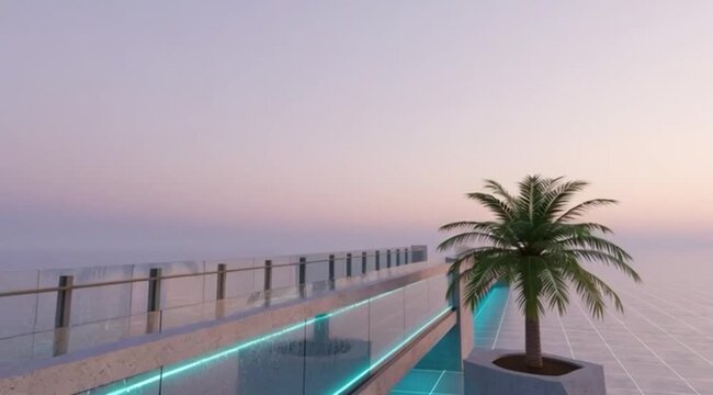 Minimalist concrete sky bridge with glowing cyan neon light over a reflective synthwave grid ocean and pastel sunset