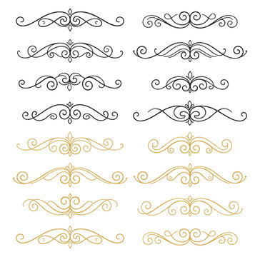 Decorative ornament icons set, flourish dividers scroll and swirl vector outlines on transparent background