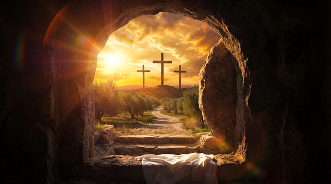 Open empty tomb with three crosses glowing at sunrise
