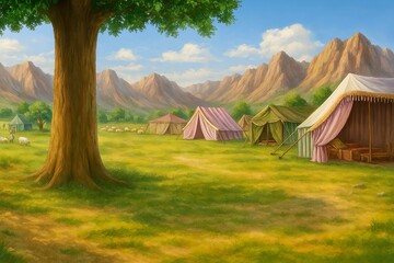Campsite illustration with colorful tents, a large tree, and mountains under a blue sky, evoking peace and outdoor adventure