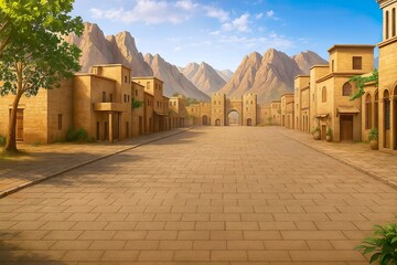 Desert city view with traditional architecture and a grand gate, wide empty street leading towards distant mountains under a bright sky, evoking ancient trade routes