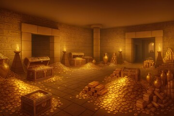 Luxurious subterranean vault overflowing with countless glittering gold coins, treasure chests, and precious artifacts, depicting immense, hidden wealth and ancient fortunes