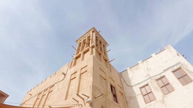 Dubai, UAE - 25th january, 2026: Old Dubai wind tower architecture overlooking creek heritage district timelapse transition clouds daylight traditional urban skyline