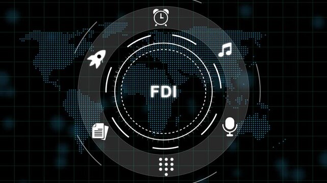 FDI Foreign Direct Investment Infographic Animation Concept with Global and Radar Chart on Dark Blue Background with Grid Pattern