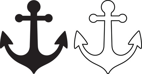 Ship anchor icon and nautical sea symbol vector set. Marine boat equipment sign. Black silhouette and outline design isolated for sailing navy logo or summer vacation tattoo. © Shah Hasanuzzaman