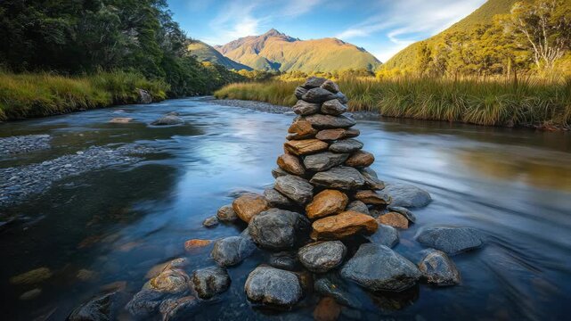 A rock cairn by a flowing river with mountains in the background.