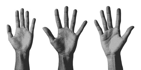 Retro halftone hand gestures set. Vintage dot pattern counting fingers for urban streetwear, pop art collage, and edgy grunge graphic design.