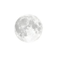 Detailed photograph of a bright white full moon showcasing craters and surface texture against the absolute blackness of space on transparent background