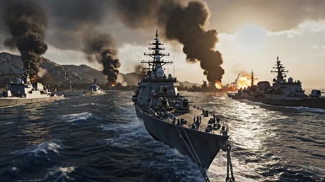 Warships sailing through a war-torn sea with smoke and explosions.