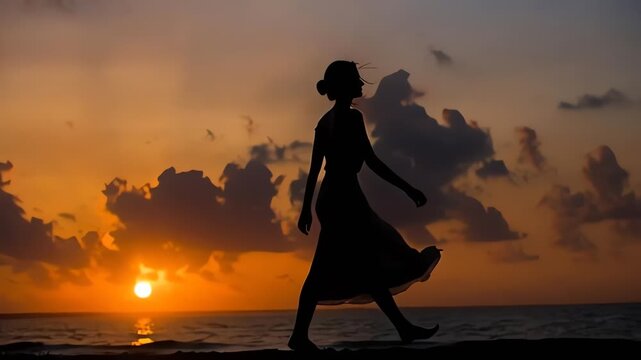 Woman walking on beach at sunset.