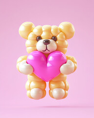 Glossy 3D golden teddy bear holding heart symbolizing love and warmth. Perfect for Valentine visuals, gifts, romantic branding, and cute design projects.