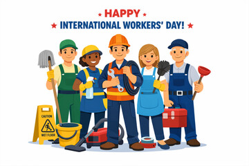 Naklejka premium Flat Vector Illustration of Cleaners and Maintenance Workers Standing Proudly for International Workers' Day
