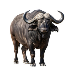 Obraz premium A powerful African buffalo standing proudly, showcasing impressive horns. A strong, imposing animal, symbolizing the wild