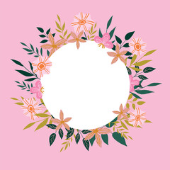 Fototapeta premium Floral frame with flowers. Square vector illustration with a wreath of hand-drawn flowers, twigs and leaves posted on a pink background.