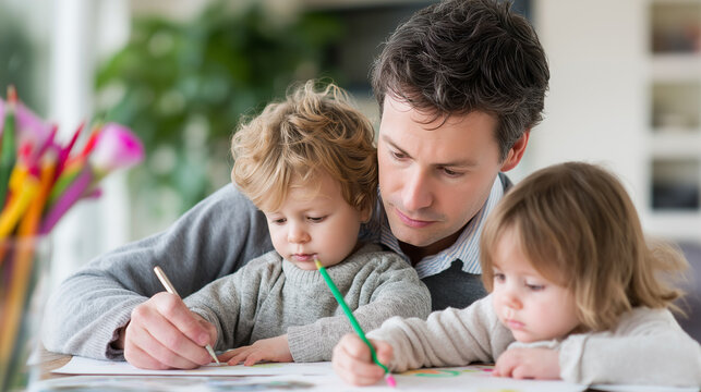 Faceless father with two small children drawing pictures at home, multi-ethnic family, homeschooling, creative education, defocused interior, with copy space