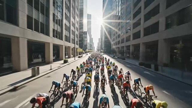 A dynamic group of cyclists in colorful jerseys race through a sunlit urban canyon, with skyscrapers lining the streets and sunlight creating dramatic shadows.