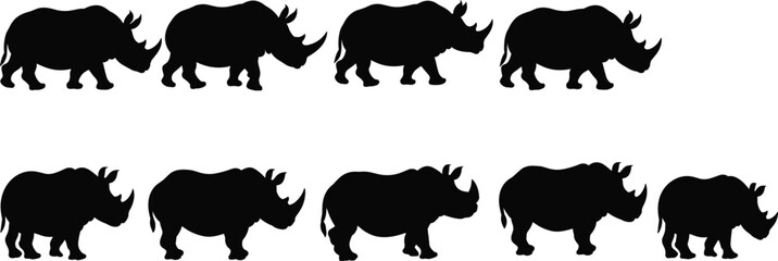 Rhinoceros silhouettes collection, wild rhino animal walking poses set, black wildlife vector illustration isolated on white background © Its Sohan