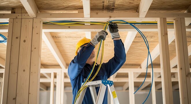A skilled electrician on a ladder meticulously installs colorful wires through wooden studs in the ceiling of a new residential construction site.