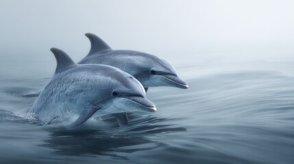 Fototapeta premium Dolphins Swim Near the Surface of the Water With Gentle Waves Creating a Scene of Wildlife Interaction and Environmental Presence