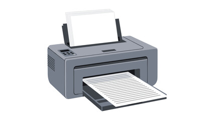 Modern office printer with paper tray and printed documents, essential device for business paperwork and digital output tasks.